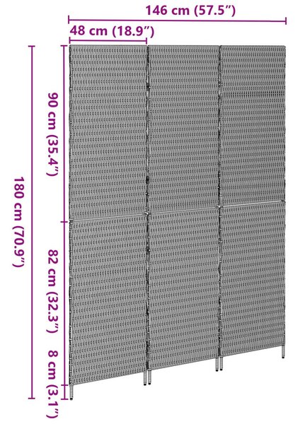 3 Paneles Elválasztó Fekete 146x180 cm Polirattan