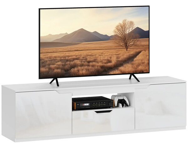 HOMCOM TV-szekrény, magasfényű, akár 65"-os tévékhez, 3 rekesszel, fiókkal, fehér