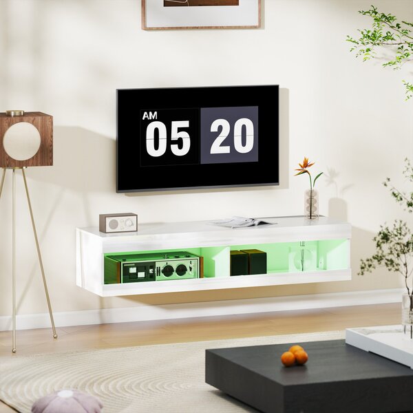 HOMCOM TV szekrény, falra szerelhető TV-szekrény RGB LED világítással 16 színben, fehér