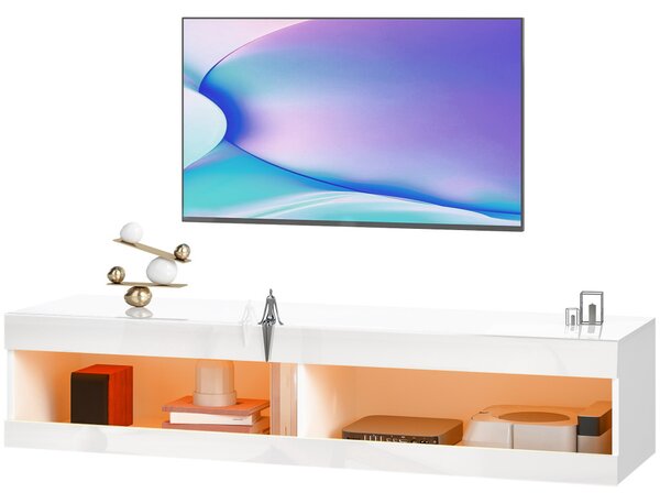HOMCOM TV szekrény, falra szerelhető TV-szekrény RGB LED világítással 16 színben, fehér