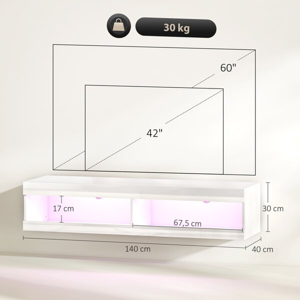 HOMCOM TV szekrény, falra szerelhető TV-szekrény RGB LED világítással 16 színben, fehér