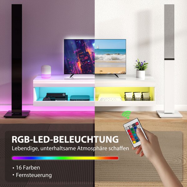HOMCOM TV szekrény, falra szerelhető TV-szekrény RGB LED világítással 16 színben, fehér
