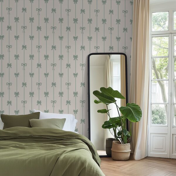 Tapéta Zöld masnik szalagokkal bézs háttér előtt, Tapétá geometria, Tapétá geometria csíkok, a01074v1 : Uwalls.hu