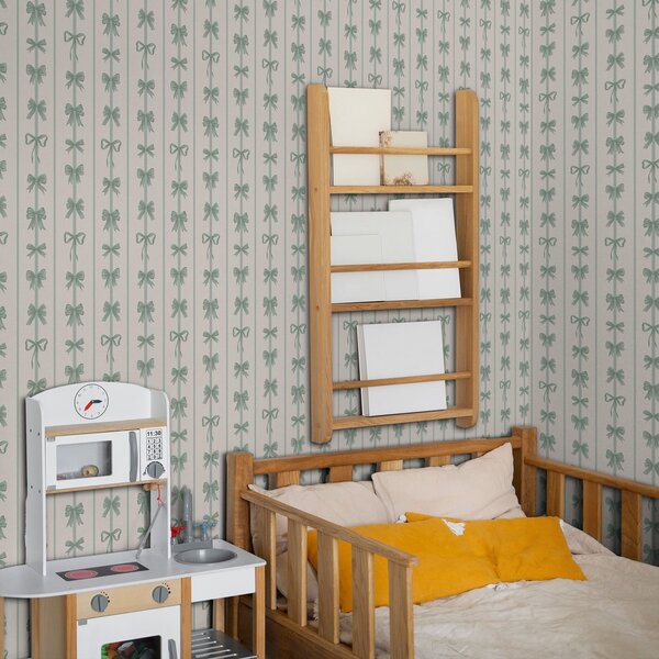 Tapéta Zöld csokrok csíkokban bézs, Gyerekek számára készült tapétá, Tapétá gyerekek számára lányok szobájához, a01075v1 : Uwalls.hu