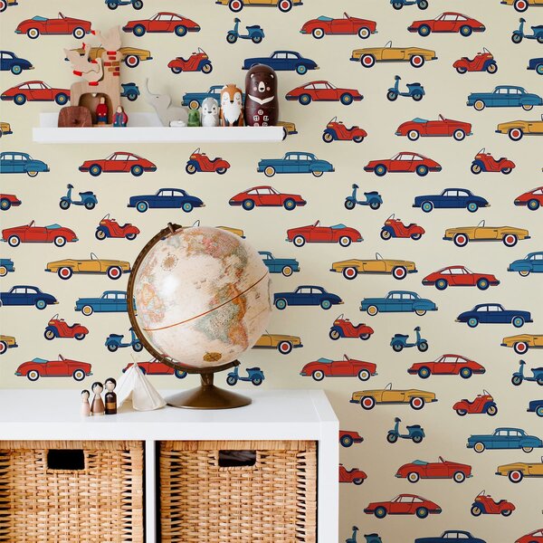 Tapéta Világos háttér előtt ragyogó retro autók és robogók, Tapétá vintage stílusban, a01172v1 : Uwalls.hu