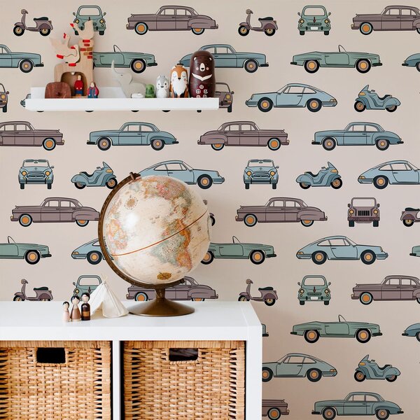 Tapéta Retro autók és robogók bézs háttér előtt, Tapétá vintage stílusban, a01178v1 : Uwalls.hu