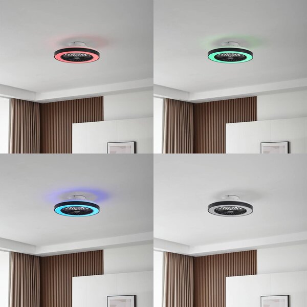 Lindby LED mennyezeti ventilátor Teleo, Ø48 cm, fekete, DC, Tuya, dimmelhető, Fekete, Nappali / Étkező, Műanyag, Modern