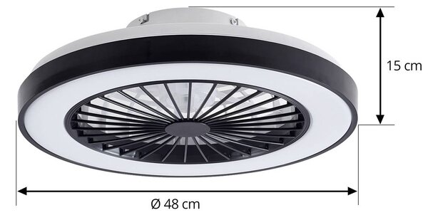 Lindby LED mennyezeti ventilátor Teleo, Ø48 cm, fekete, DC, Tuya, dimmelhető, Fekete, Nappali / Étkező, Műanyag, Modern