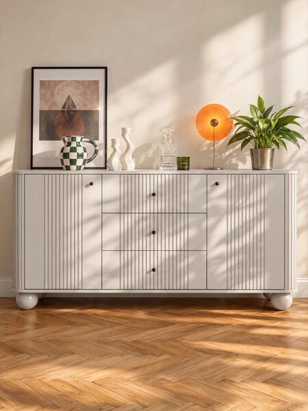 Vesper fiókos komód 160 cm - kasmír / fekete fogantyúk / gömb alakú lábak