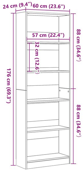 Fekete Tölgy Könyvespolc - 60 x 24 x 176 cm, Műanyag Fából