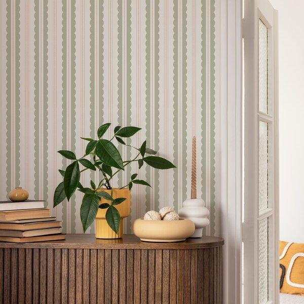 Tapéta Világoszöld hullámos csíkok narancssárga pontokkal, Tapétá geometria, Tapétá geometria csíkok, a01185v3 : Uwalls.hu