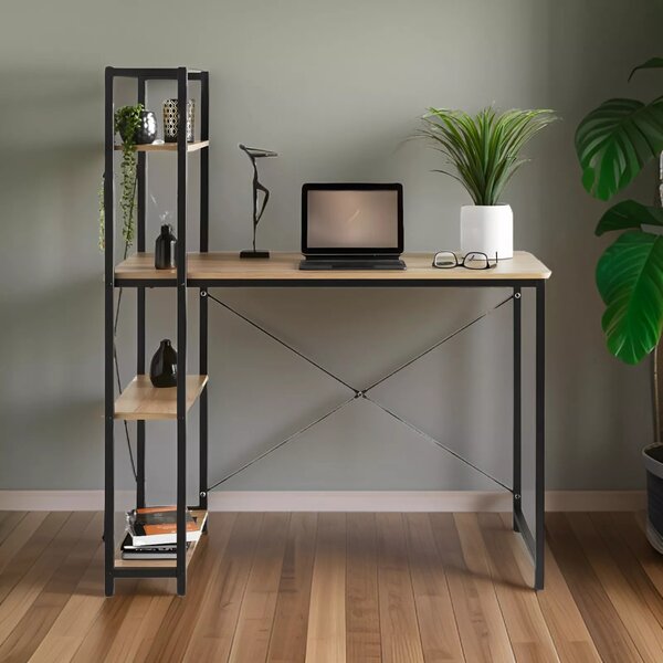 Intenso Home íróasztal / számítógépasztal polcokkal 100x52cm | Masszív fém váz, fekete - Sonoma tölgy szín