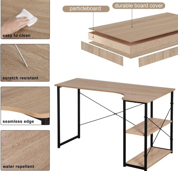 Intenso Home L alakú sarok íróasztal / számítógépasztal polcokkal 120x73cm | Masszív fém váz, fekete - Sonoma tölgy szín