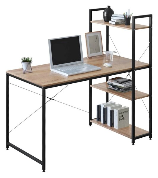 Intenso Home íróasztal / számítógépasztal polcokkal 100x52cm | Masszív fém váz, fekete - Sonoma tölgy szín