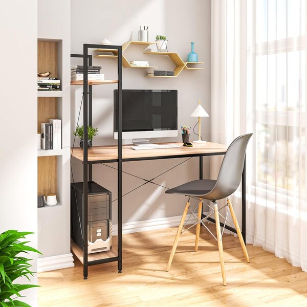 Intenso Home íróasztal / számítógépasztal polcokkal 100x52cm | Masszív fém váz, fekete - Sonoma tölgy szín