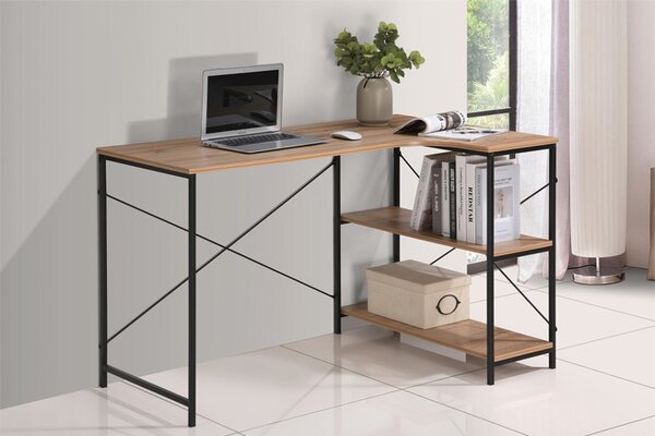 Intenso Home L alakú sarok íróasztal / számítógépasztal polcokkal 120x73cm | Masszív fém váz, fekete - Sonoma tölgy szín
