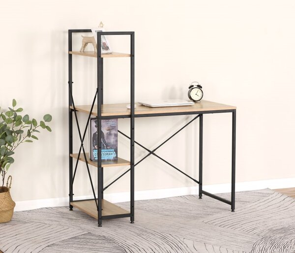 Intenso Home íróasztal / számítógépasztal polcokkal 100x52cm | Masszív fém váz, fekete - Sonoma tölgy szín