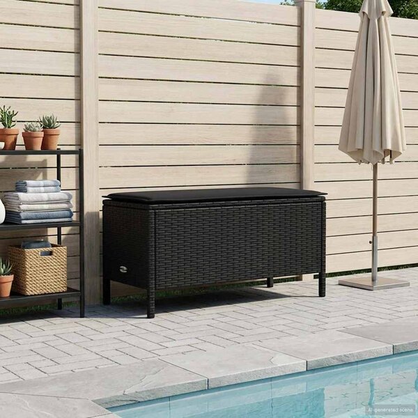 VidaXL Kerti lábtartó párnával Fekete 80 x 38 x 45 cm PE Rattan