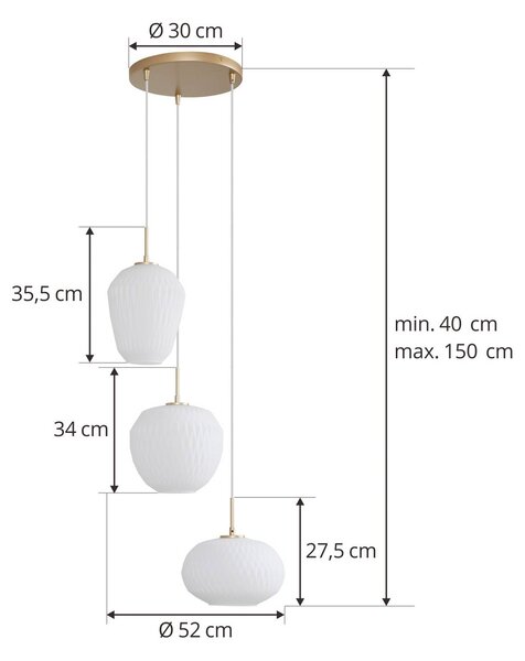 Lucande függőlámpa Quinara, 3-lámpás, opál, üveg, Ø 52 cm, dimmelhető, Fehér / opál, Nappali / Étkező, Üveg