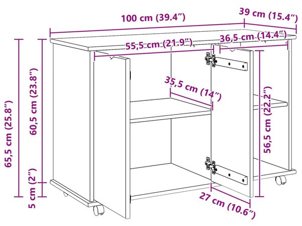 Görgős szekrény Szürke 100 x 39 x 65,5 cm Tömör fenyőfa