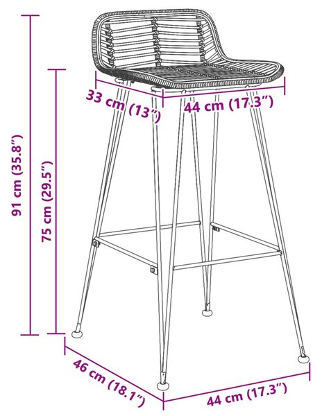 Bárszék 2 pcs Fekete 44 x 46 x 91 cm Rattan és acél