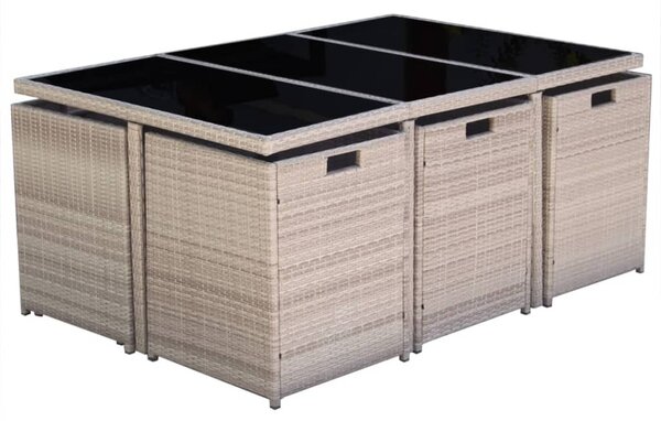 11-részes bézs polyrattan kültéri étkezőszett párnákkal