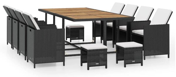 13 darabos fekete kültéri polyrattan és akácfa étkezőszett