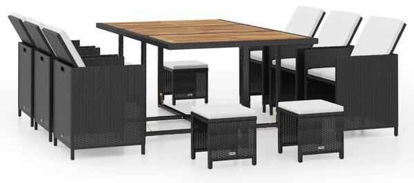 11 darabos fekete kültéri polyrattan és akácfa étkezőszett