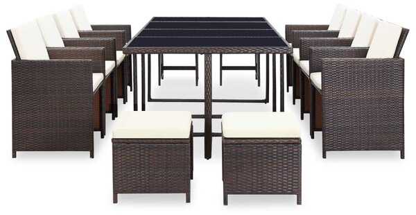 13-részes barna kültéri polyrattan étkezőszett párnákkal