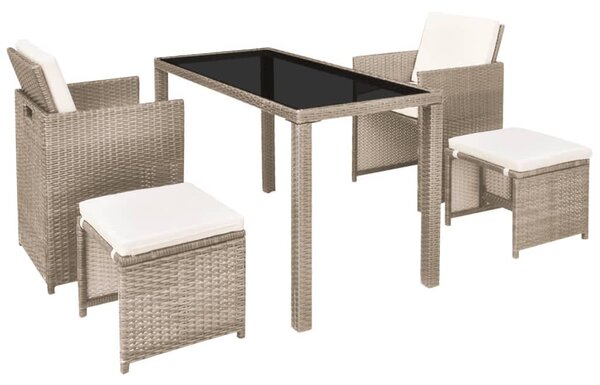 5-részes bézs polyrattan kültéri étkezőszett párnákkal