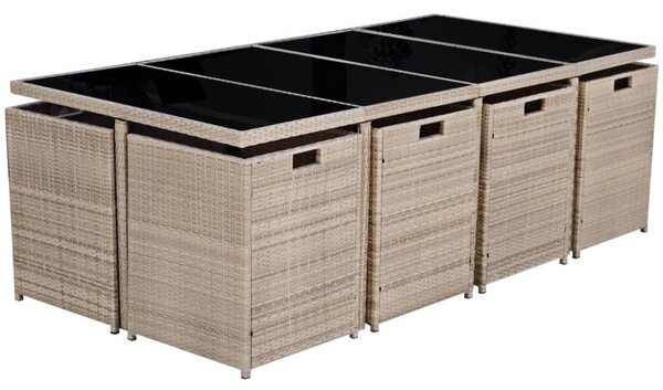 13-részes bézs polyrattan kültéri étkezőszett párnákkal