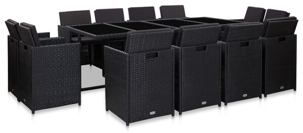 13 részes fekete polyrattan kültéri étkezőszett párnákkal