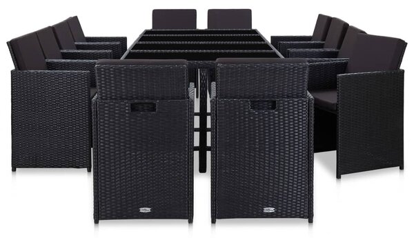 13 részes fekete polyrattan kültéri étkezőszett párnákkal