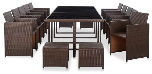 15-részes barna polyrattan kültéri étkezőszett párnákkal