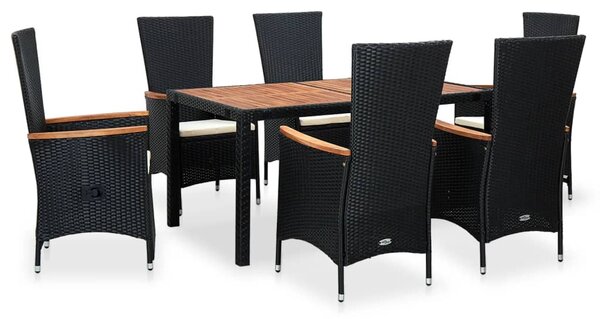 7 darabos fekete polyrattan és akácfa kültéri étkezőszett