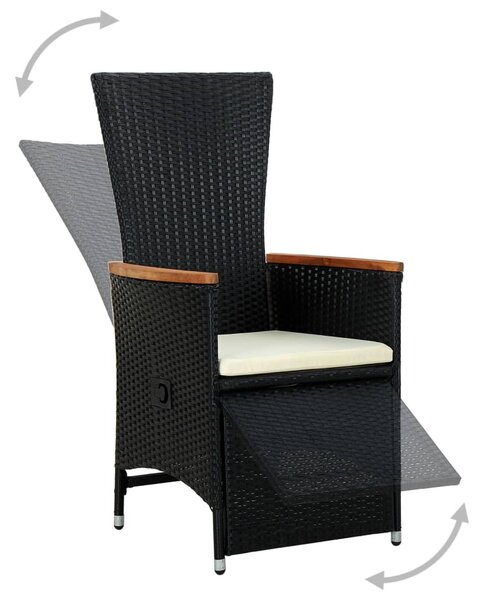 7 darabos fekete polyrattan és akácfa kültéri étkezőszett