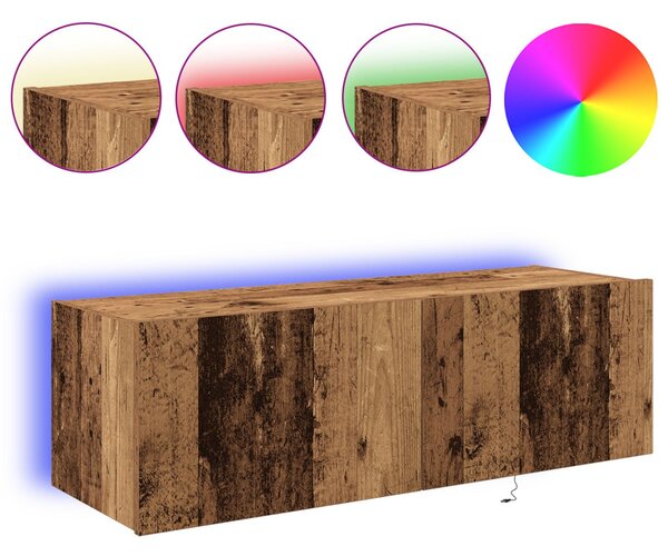 TV fali szekrény LED lámpákkal, régi fa 100x35x31 cm