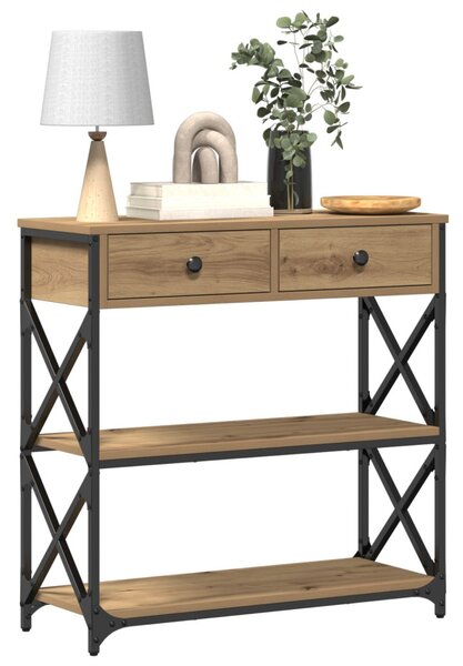Konsole Asztal Kézműves Tölgy 75x28x75 cm Mérnöki Fa és Acél
