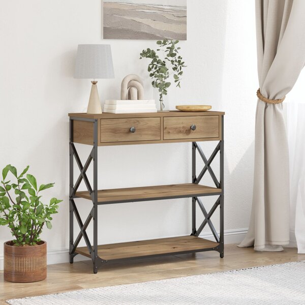 Konsole Asztal Kézműves Tölgy 75x28x75 cm Mérnöki Fa és Acél