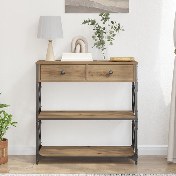 Konsole Asztal Kézműves Tölgy 75x28x75 cm Mérnöki Fa és Acél