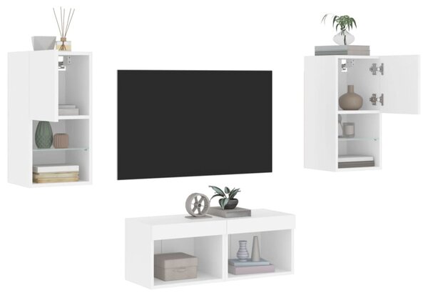 4 darab fehér falra szerelhető TV-szekrény LED-del