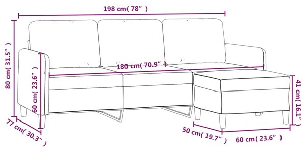 VidaXL 3 személyes bordó bársonykanapé lábtartóval 180 cm