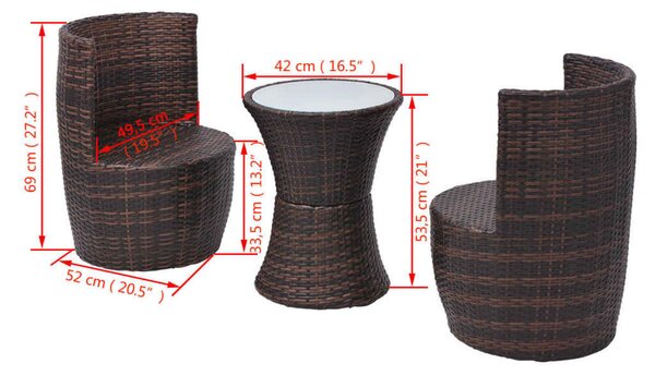 VidaXL 3 darabos barna polyrattan bisztrószett párnákkal