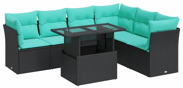 7 részes fekete polyrattan akácfa kerti ülőgarnitúra párnákkal