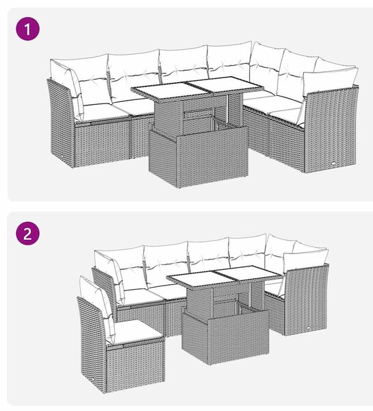 7 részes fekete polyrattan akácfa kerti ülőgarnitúra párnákkal