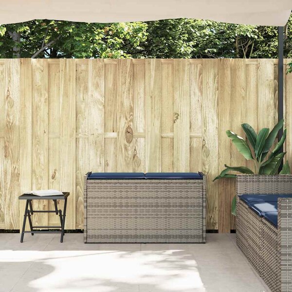 Szürke polyrattan kültéri tárolópad párnával 100 cm