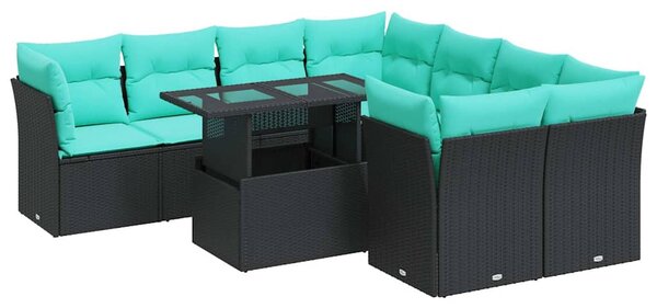 9 részes fekete polyrattan akácfa kerti ülőgarnitúra párnákkal