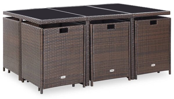 11-részes barna kültéri polyrattan étkezőszett párnákkal