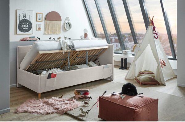 Bézs kárpitozott ágyneműtartós sarok gyerekágy ágyráccsal 90x200 cm Cool – Meise Möbel
