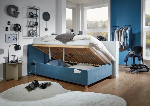 Kék kárpitozott ágyneműtartós gyerekágy ágyráccsal 90x200 cm Cool – Meise Möbel